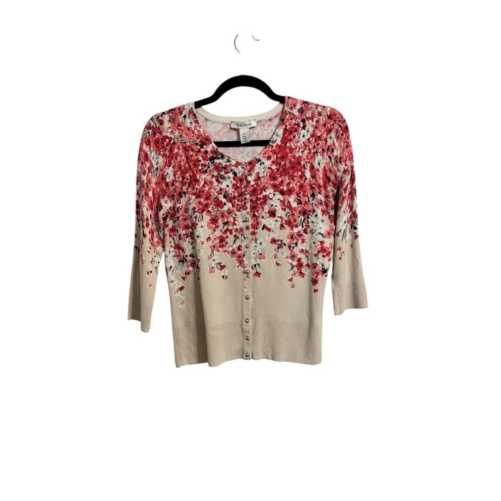 White House Black Market Cream and Pink Floral 3/4 Sleeve Cardigan Size M
